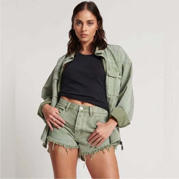 One Teaspoon Outlaws Mid Waist Frayed Hem Denim Shorts Khaki Green Size 28